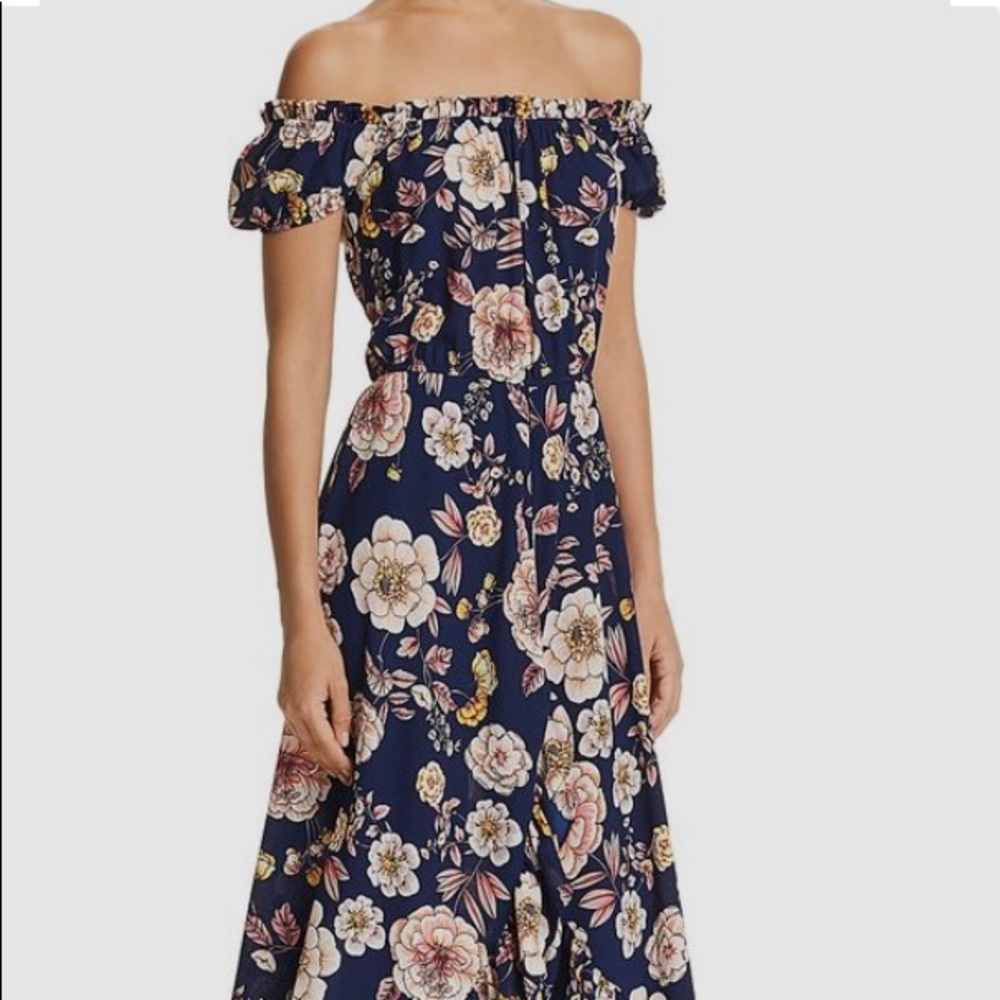 Aqua navy floral off-the-shoulder maxi dress
